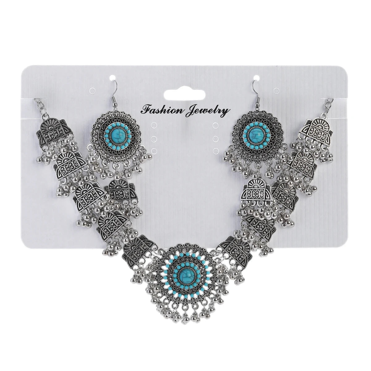 Boho Vintage Blue Beads Turquoise Jewelry Sets for Women, Silver Plated, Géométrique Necklace, Boucles d'oreilles, Cadeaux