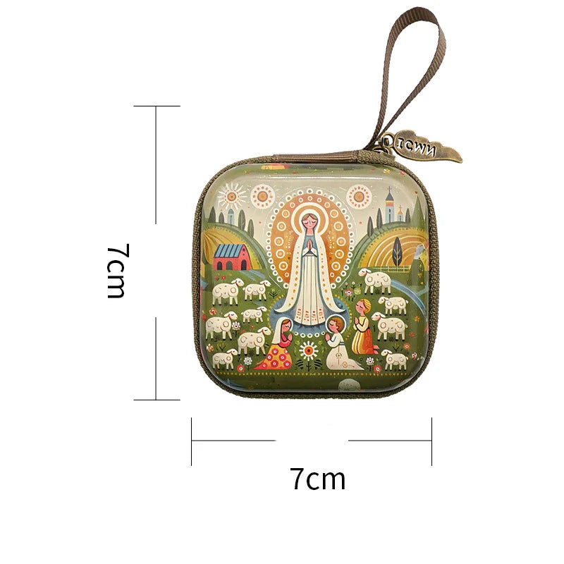 7x7 cm vierge marie jésus prière chapelet sac bijoux religieux boîte de rangement Articulos religiosos catholico