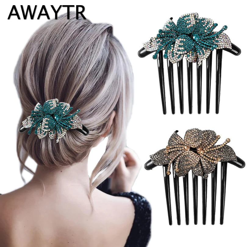 Peigne à cheveux AWAYTR en cristal avec strass – Accessoire professionnel pour chignons, tresses et queues de cheval