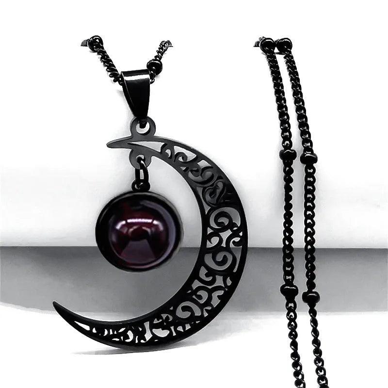 Collier Lune Noir en Acier Inoxydable pour Femme, Bijoux avec Perles de Classe Rouges