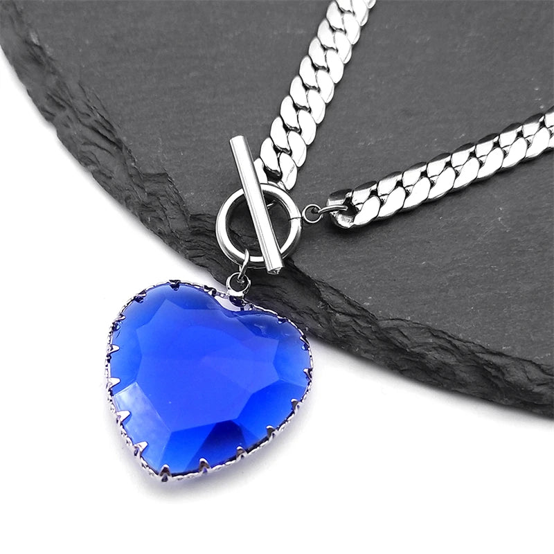 Collier ras du cou gothique punk en acier inoxydable avec pendentif cœur rouge en verre pour femmes