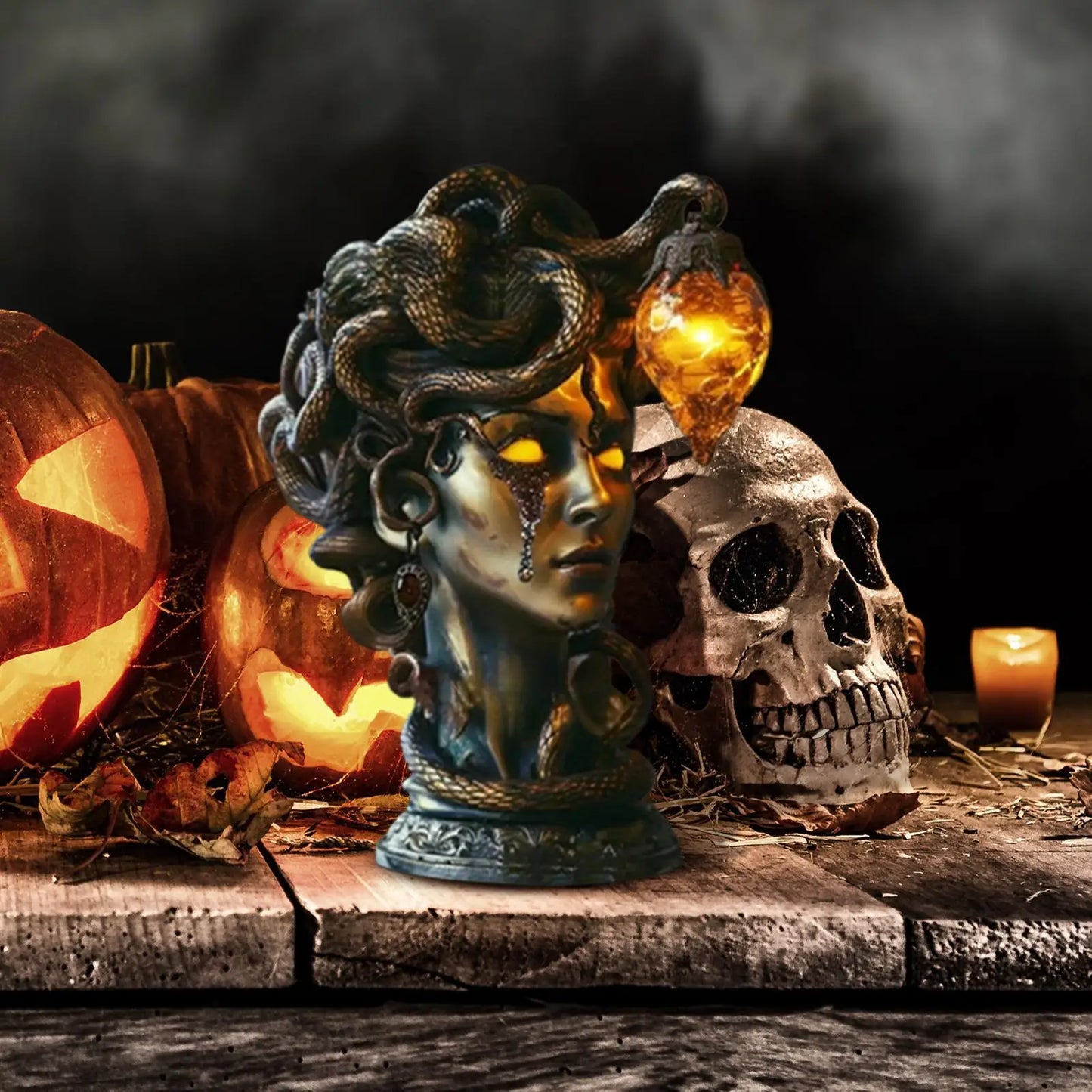 Statue de buste Medusa avec lumières Led, monstre mythique, ornement gothique en résine, décoration et fournitures amusantes pour Halloween