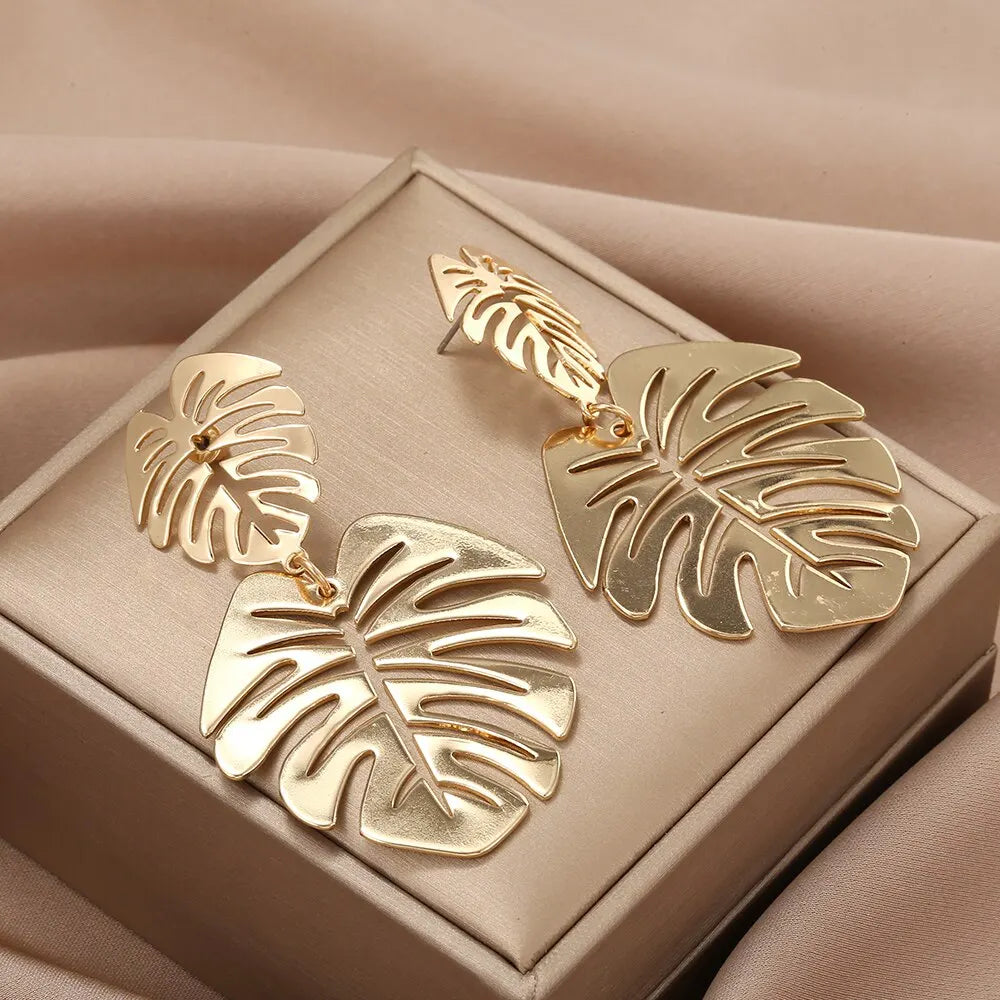 Boucles d'oreilles bohème creuses pour femmes, feuille exagérée, goutte d'eau, géométrique, couleur or, plante tropicale, bijoux féminins, nouveaux cadeaux