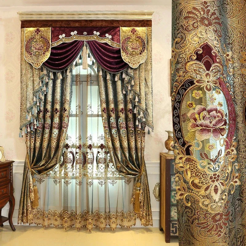 Rideaux brodés de luxe pour salon et chambre à coucher, cantonnière moderne en velours doré, tulle de fond de paupières de fenêtres, Europe