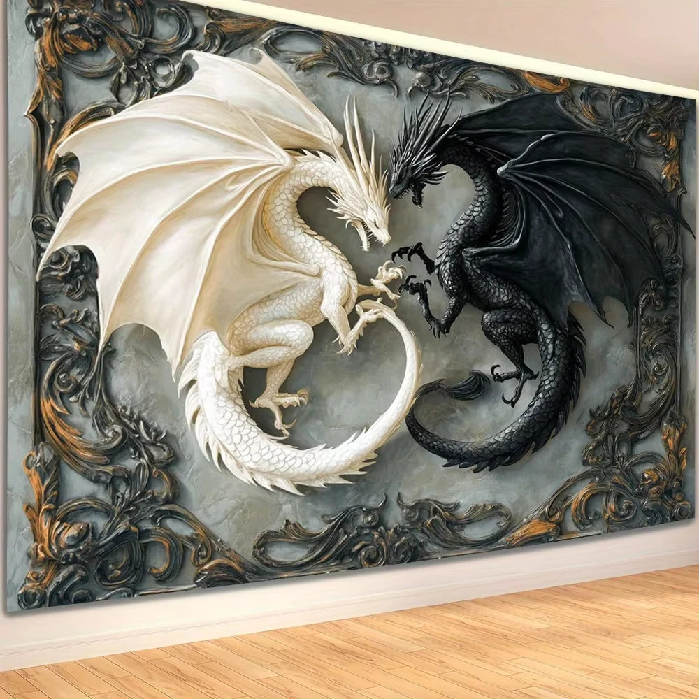 Superbe tapisserie murale suspendue en forme de Dragon noir et blanc, en Polyester de haute qualité, motif de Dragon exquis, décor de bureau