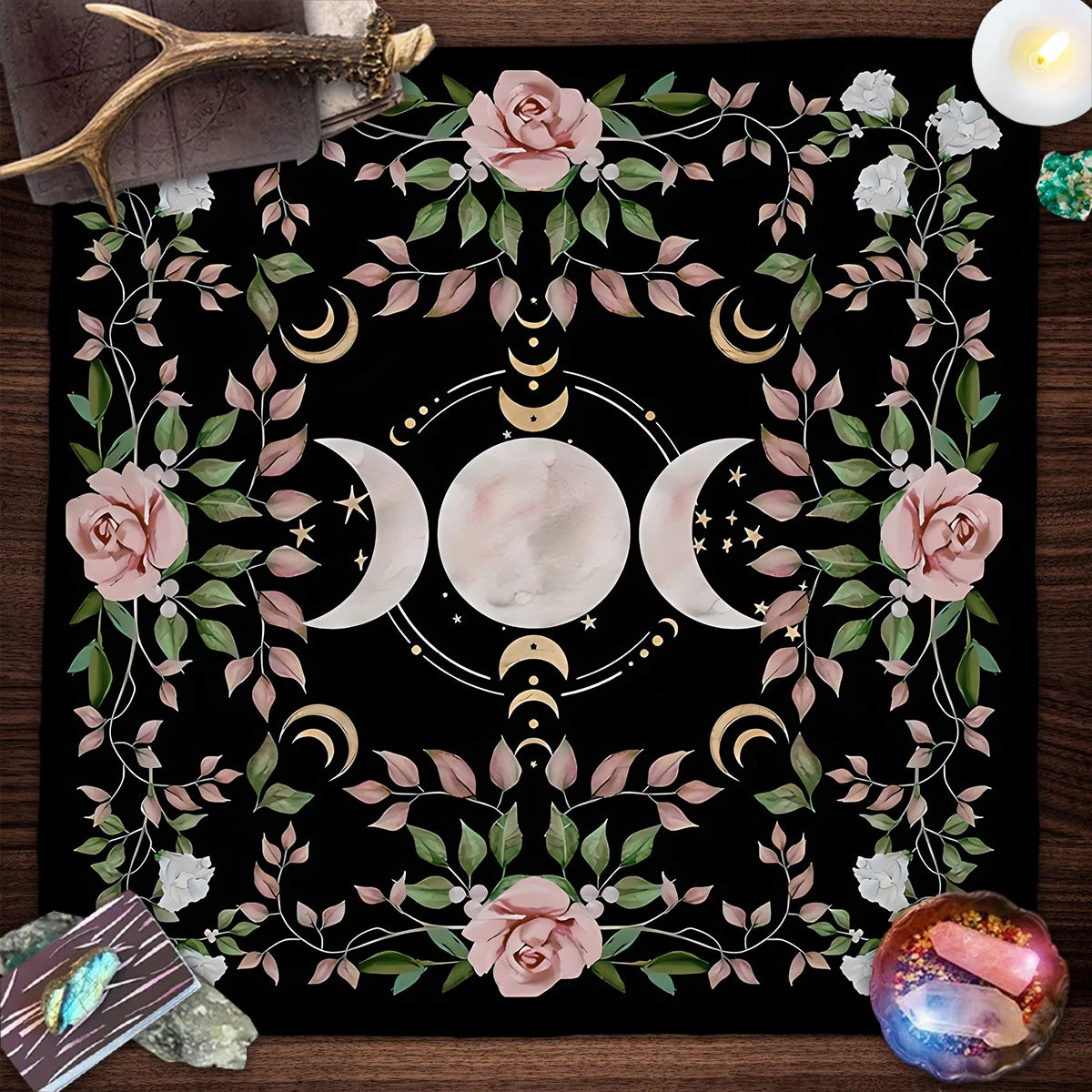 Nappe de carte de Tarot arbre de vie, nappe de plantes de Phase de lune pour Tarot de sorcière Wicca, tissu d'autel, tapis de carte de Divination