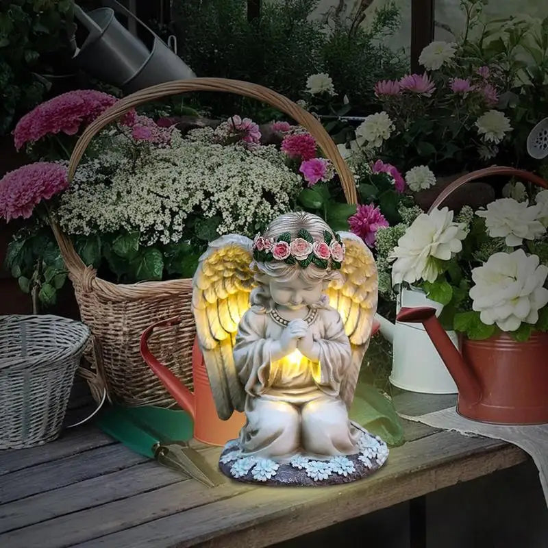 Ange de prière en résine avec lumières solaires, figurine de sculpture étanche, décor de jardin, art de la cour, décorations de cimetière
