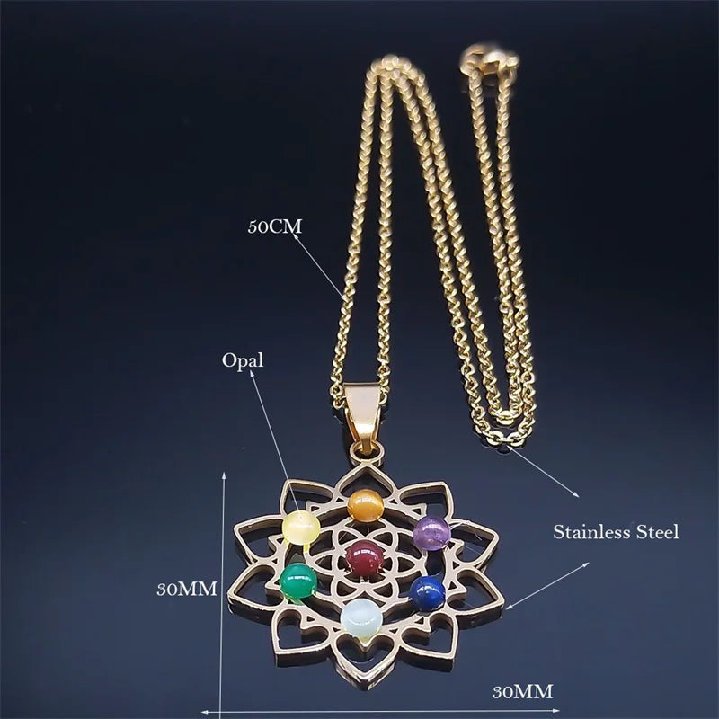 Géométrie sacrée 7 Chakra Metatron coeur collier fleur de vie en acier inoxydable opale pierre collier Reiki guérison bijoux N6341