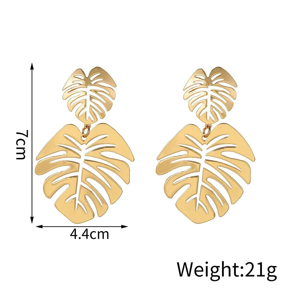 Boucles d'oreilles bohème creuses pour femmes, feuille exagérée, goutte d'eau, géométrique, couleur or, plante tropicale, bijoux féminins, nouveaux cadeaux