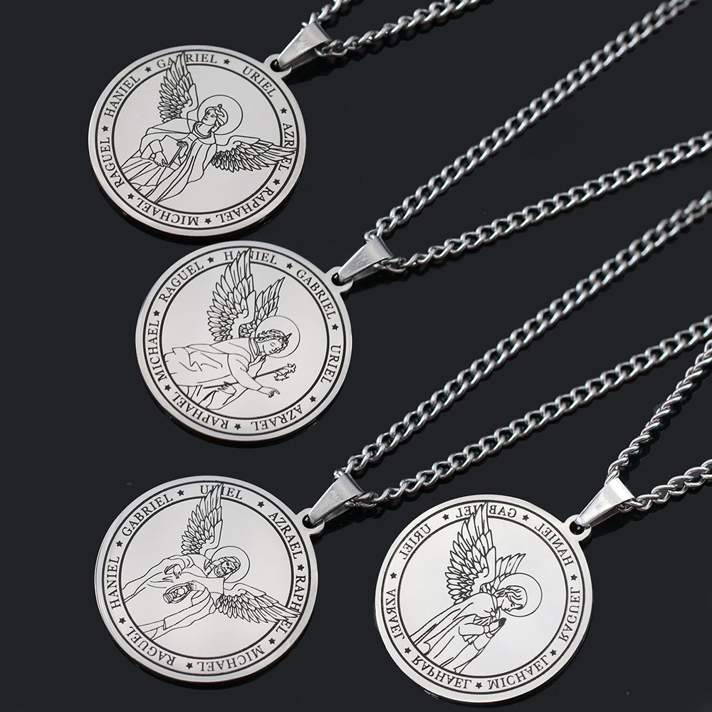 Religieux Azrael Gabriel Raphael Uriel Michael archange aile d'ange médaille en acier inoxydable pendentif collier bijoux