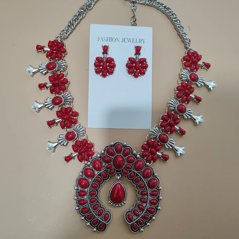 Navajo – ensemble de bijoux indiens pour femmes, boucles d'oreilles en résine de pierre Turquoise rouge et collier de fleurs de courge occidentales pour femmes