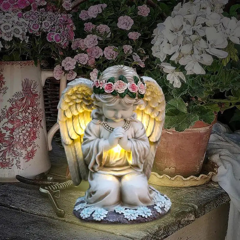 Ange de prière en résine avec lumières solaires, figurine de sculpture étanche, décor de jardin, art de la cour, décorations de cimetière
