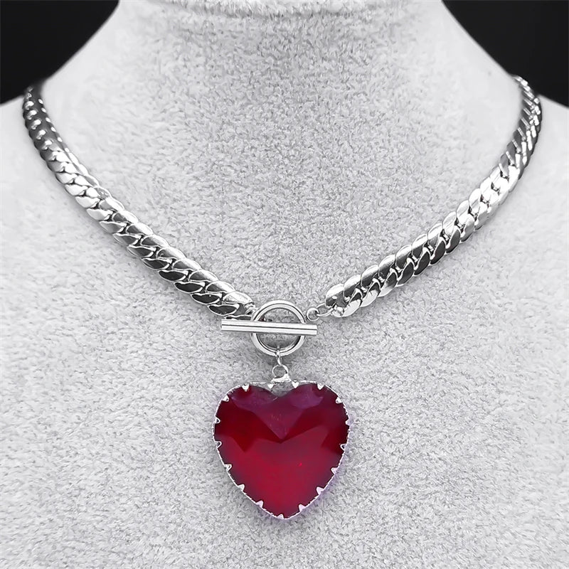 Collier ras du cou gothique punk en acier inoxydable avec pendentif cœur rouge en verre pour femmes
