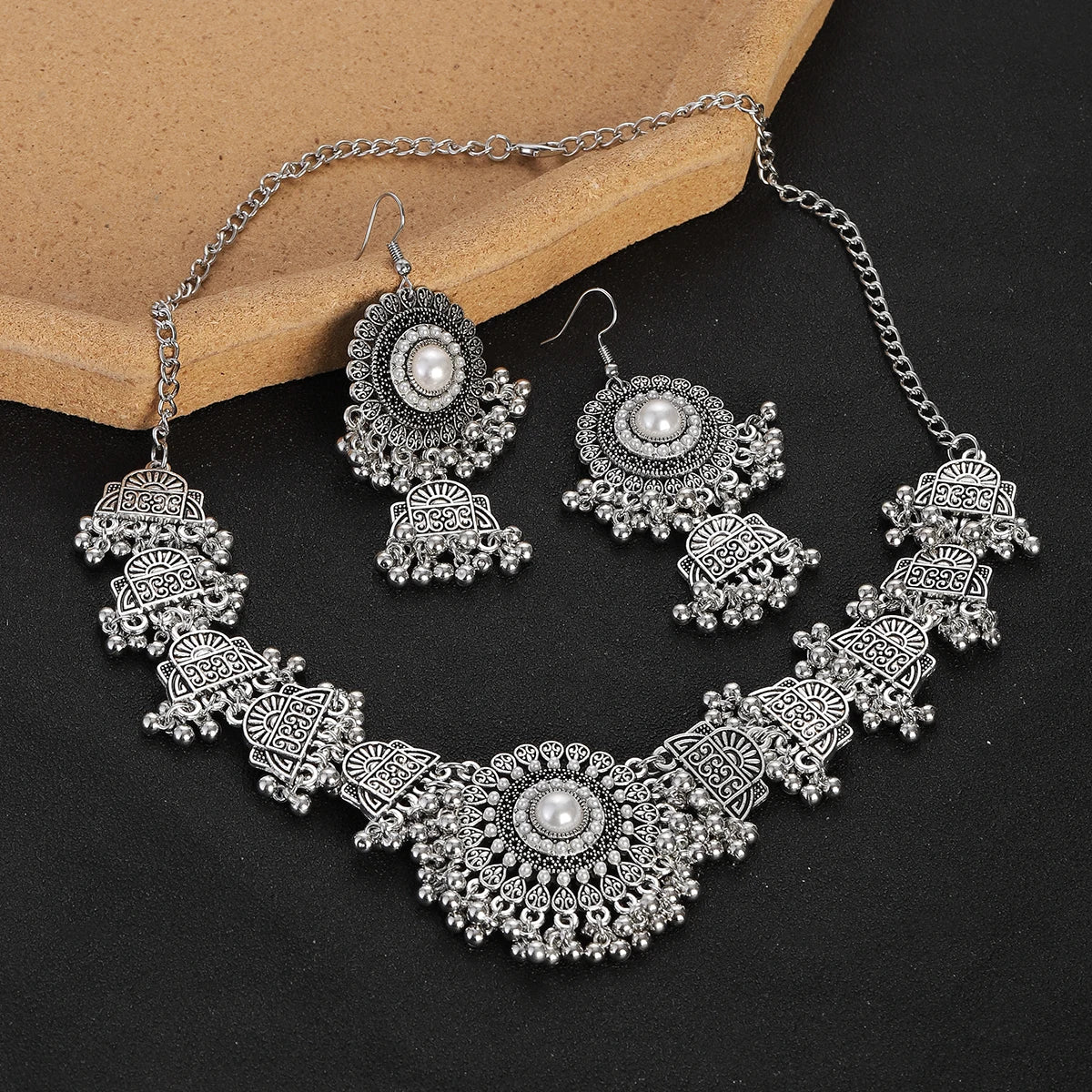 Boho Vintage Blue Beads Turquoise Jewelry Sets for Women, Silver Plated, Géométrique Necklace, Boucles d'oreilles, Cadeaux