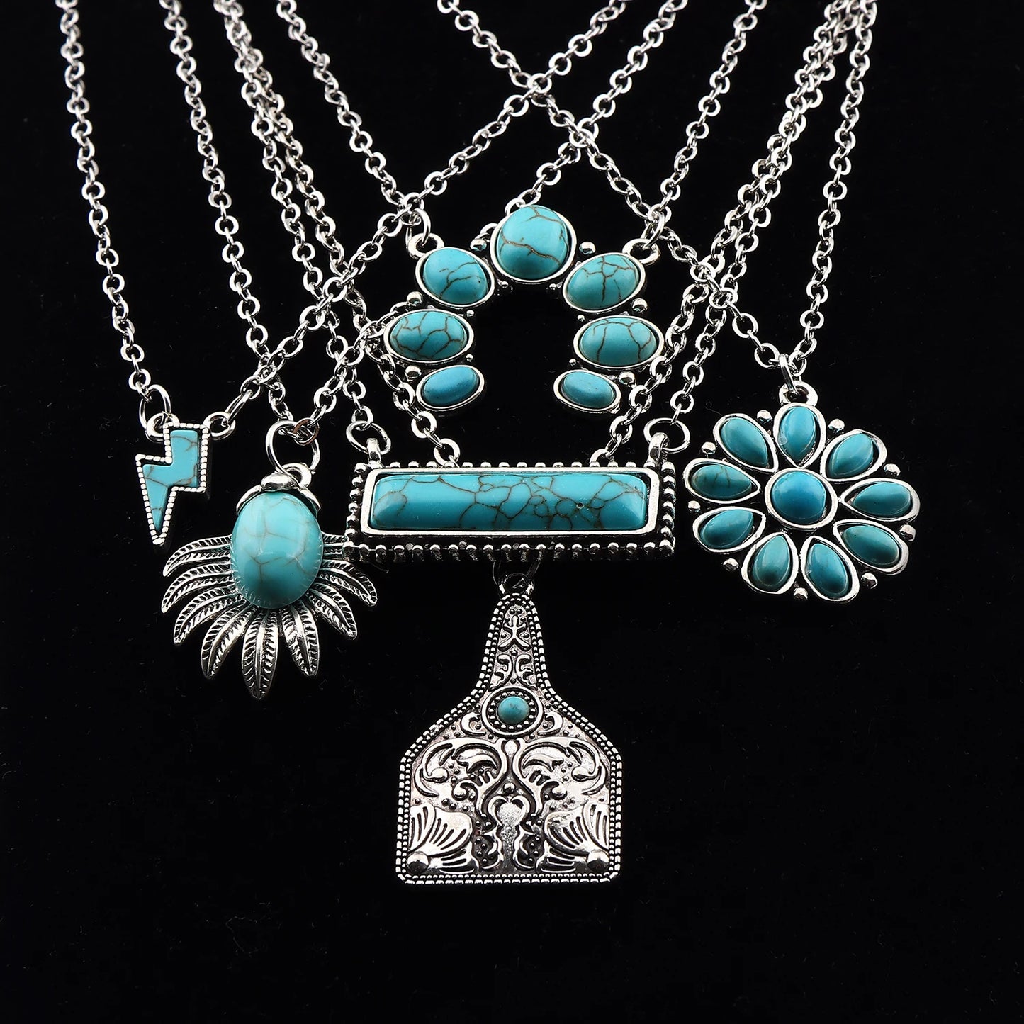 JOLagenlook-Collier avec pendentif à barre rectangulaire turquoise, bohème occidental, cowgirl, longueur réglable, bijoux longs, tour de cou à maillons, 20"