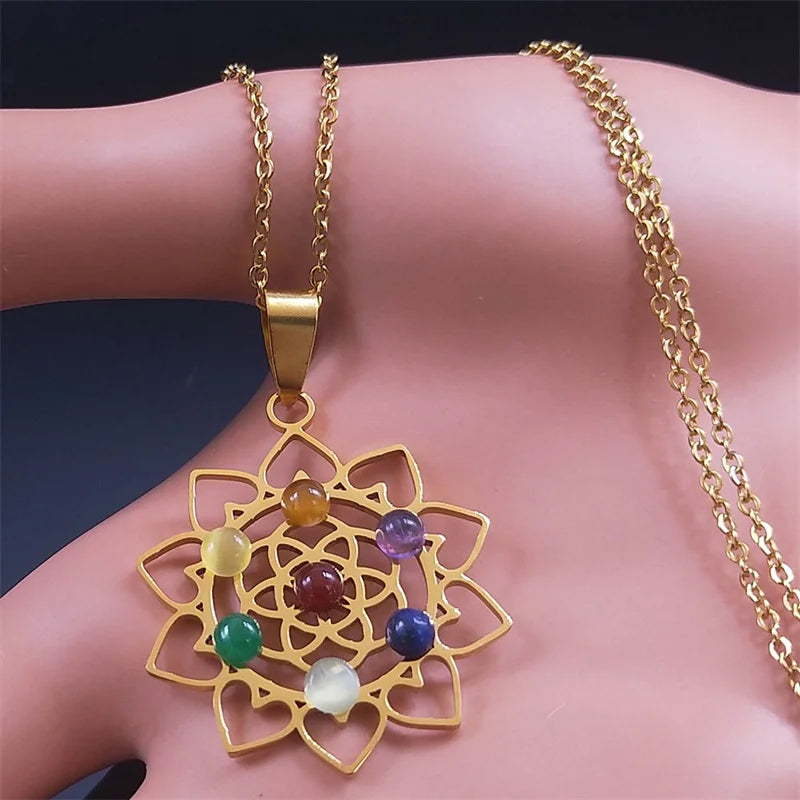 Géométrie sacrée 7 Chakra Metatron coeur collier fleur de vie en acier inoxydable opale pierre collier Reiki guérison bijoux N6341