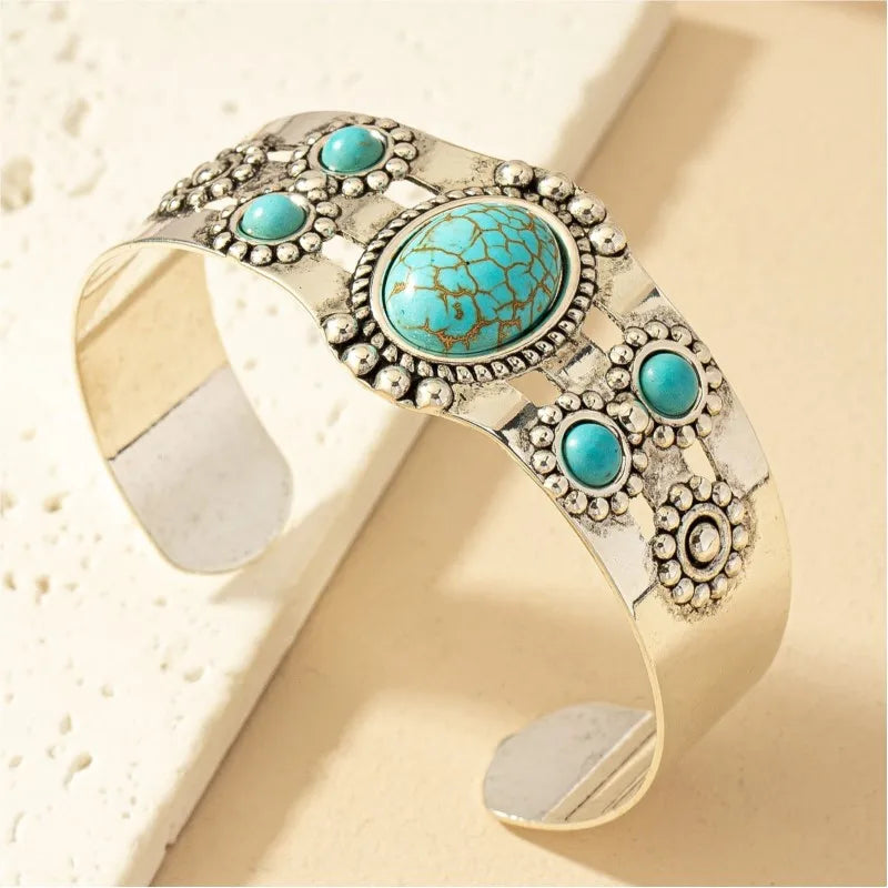 Bracelet manchette turquoise incrusté Élpour hommes et femmes, style bohème vintage, bracelets de personnalité, design créatif, cadeau de bijoux