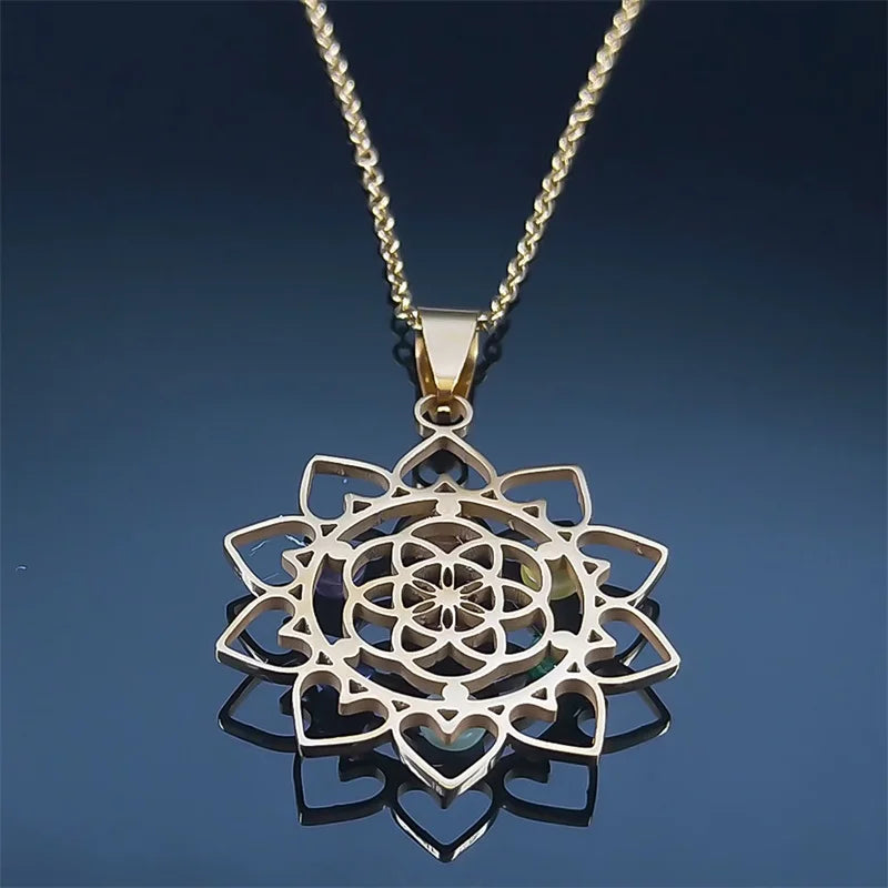 Géométrie sacrée 7 Chakra Metatron coeur collier fleur de vie en acier inoxydable opale pierre collier Reiki guérison bijoux N6341