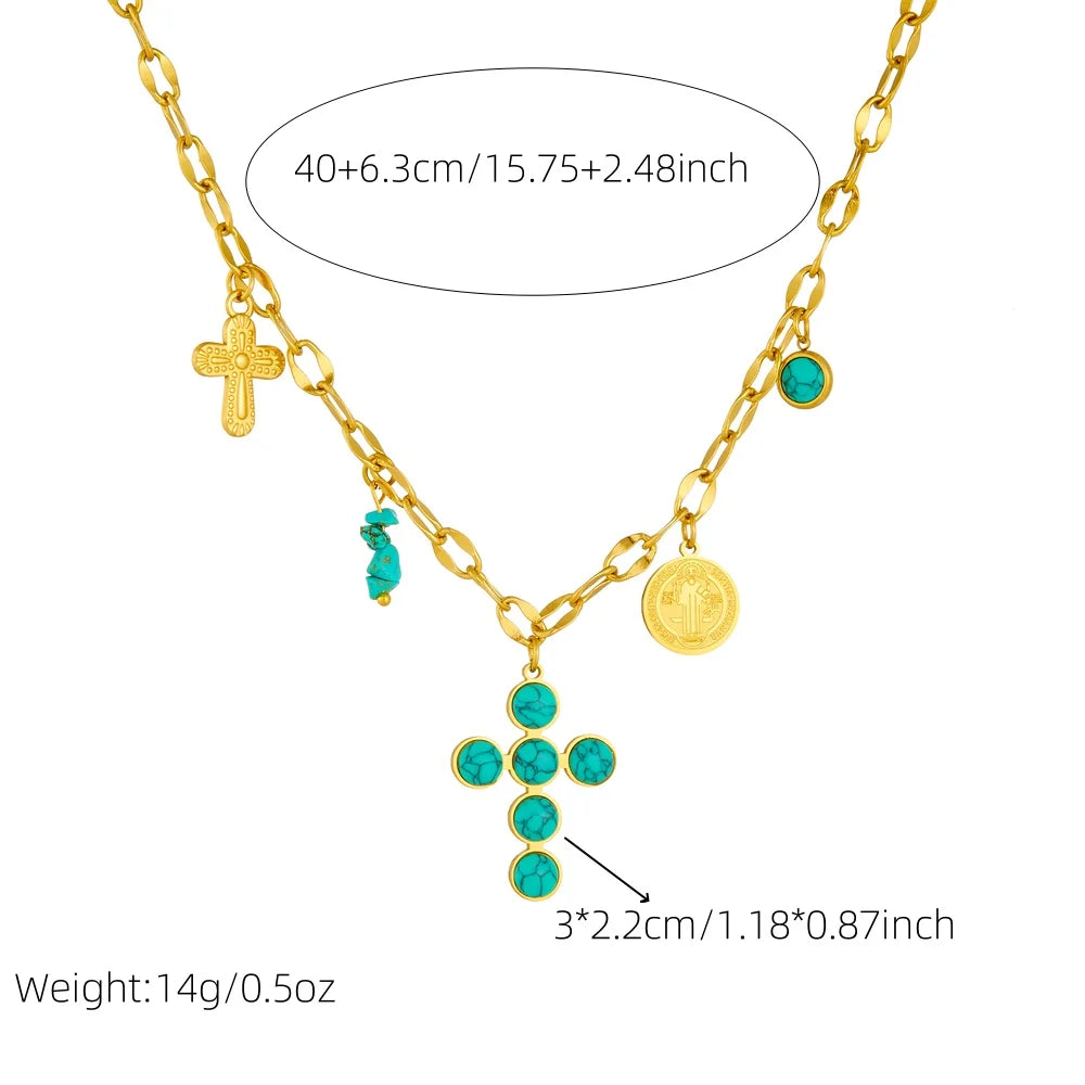 DIEYURO 316L acier inoxydable rond Turquoise incrusté croix pendentif collier pour femmes fille nouvelle mode cou chaîne bijoux cadeau