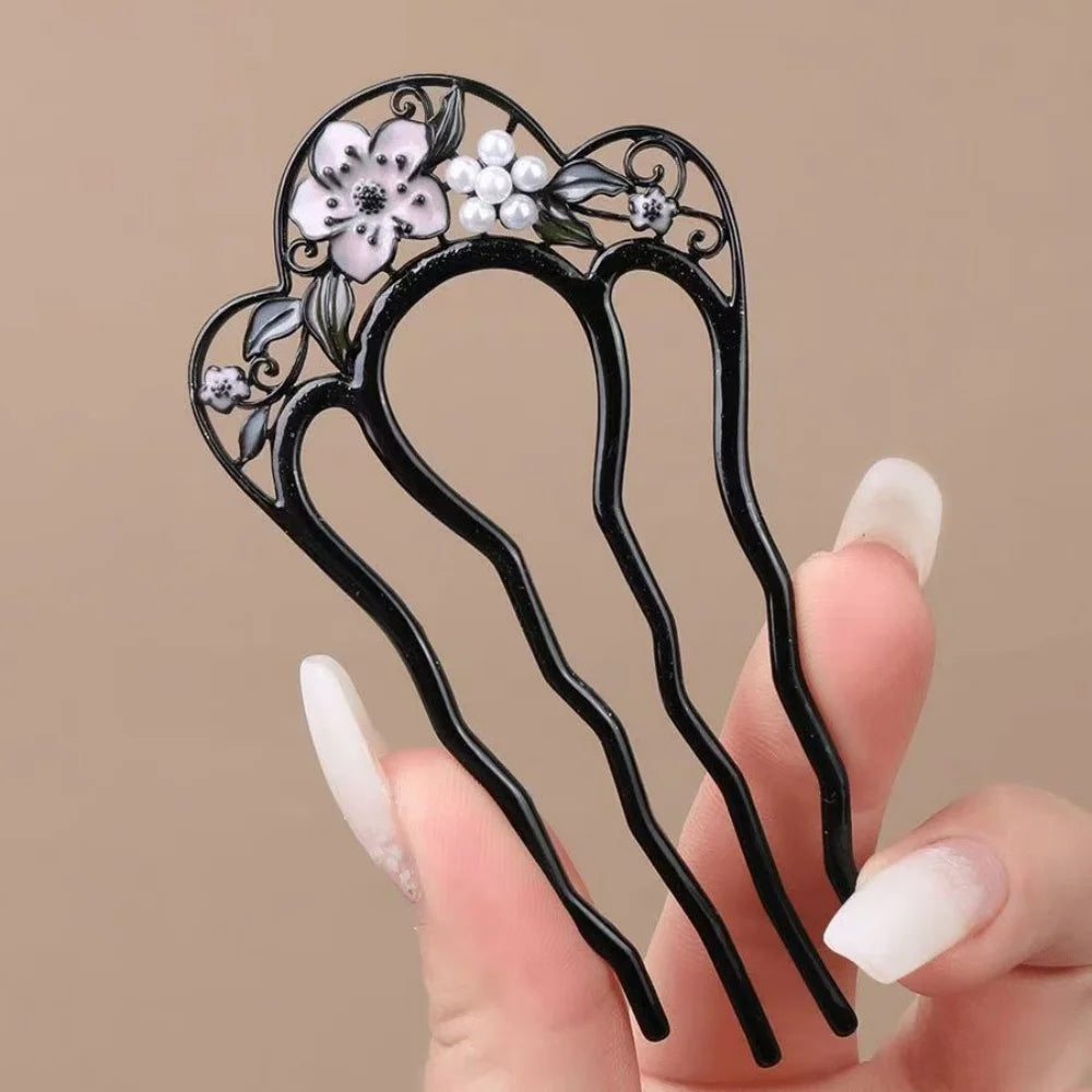 Épingle à cheveux en forme de 03/U pour femme, fermoir à cheveux en alliage féminin, accessoires pour chignon rétro français, perle élégante, peignes à fleurs, cadeau