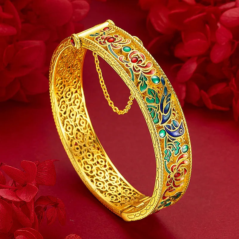 Bracelet en or 24K AU999 avec émail bleu et filigrane, méthode ancienne creux, style palais luxueux pour femmes