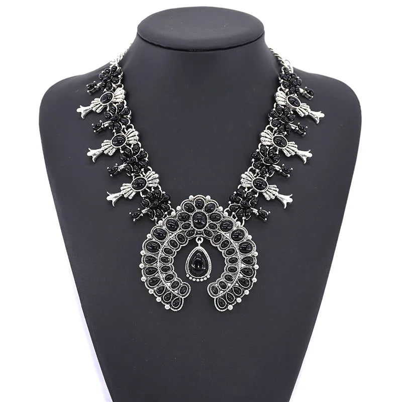 Navajo – ensemble de bijoux indiens pour femmes, boucles d'oreilles en résine de pierre Turquoise rouge et collier de fleurs de courge occidentales pour femmes