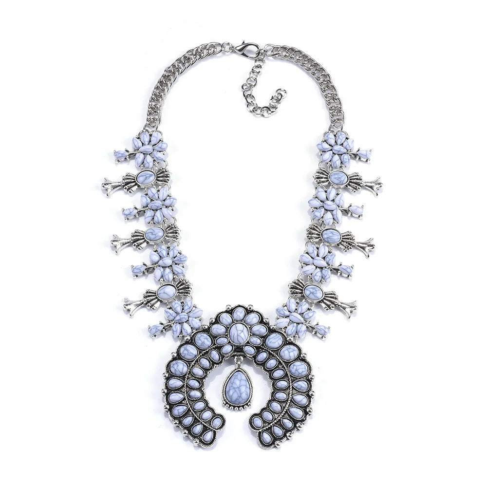 Navajo – ensemble de bijoux indiens pour femmes, boucles d'oreilles en résine de pierre Turquoise rouge et collier de fleurs de courge occidentales pour femmes