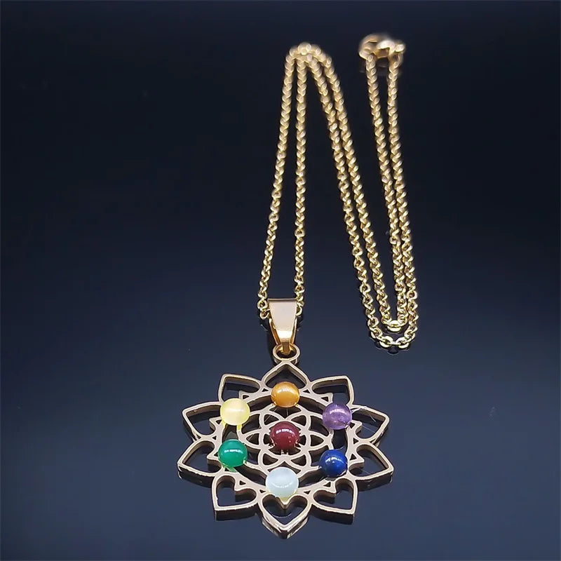 Géométrie sacrée 7 Chakra Metatron coeur collier fleur de vie en acier inoxydable opale pierre collier Reiki guérison bijoux N6341