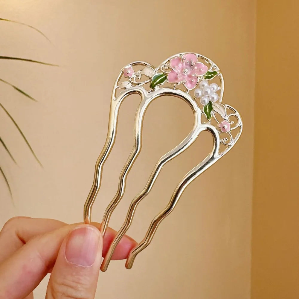 Épingle à cheveux en forme de 03/U pour femme, fermoir à cheveux en alliage féminin, accessoires pour chignon rétro français, perle élégante, peignes à fleurs, cadeau
