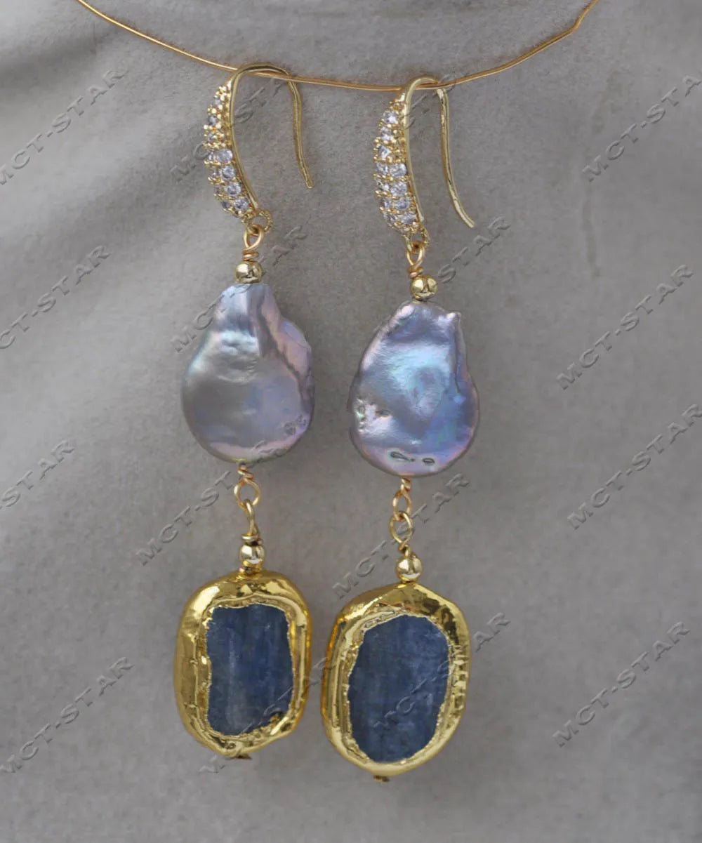 Ensemble de bijoux personnalisés, pièce de monnaie grise, perle, kyanites bleus, collier, bracelet, boucle d'oreille, Z13617, 19"