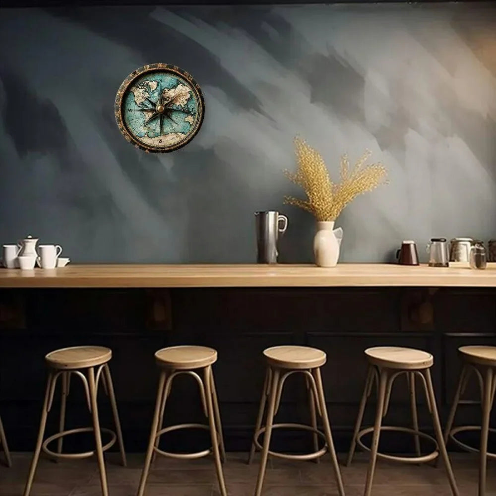 Art mural en métal avec carte du monde circulaire, panneau en aluminium avec marqueurs de degrés, décor facile à accrocher pour la maison, Bar/café/restaurant