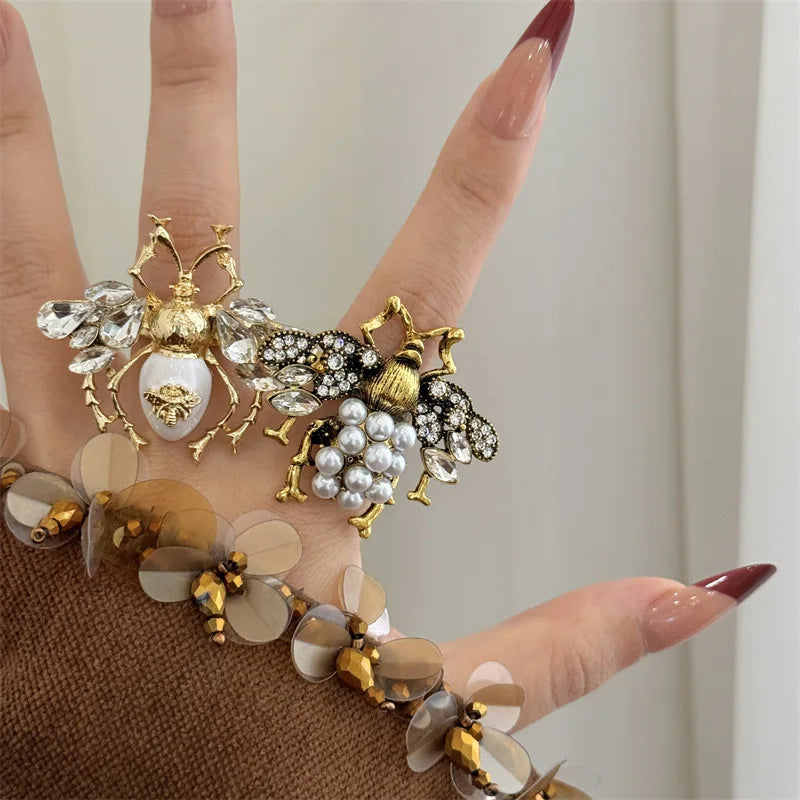Bague Vintage en perles de cristal abeille, ouverte et réglable, pour femmes et filles, bagues d'insectes uniques, bijoux de fête, accessoire populaire
