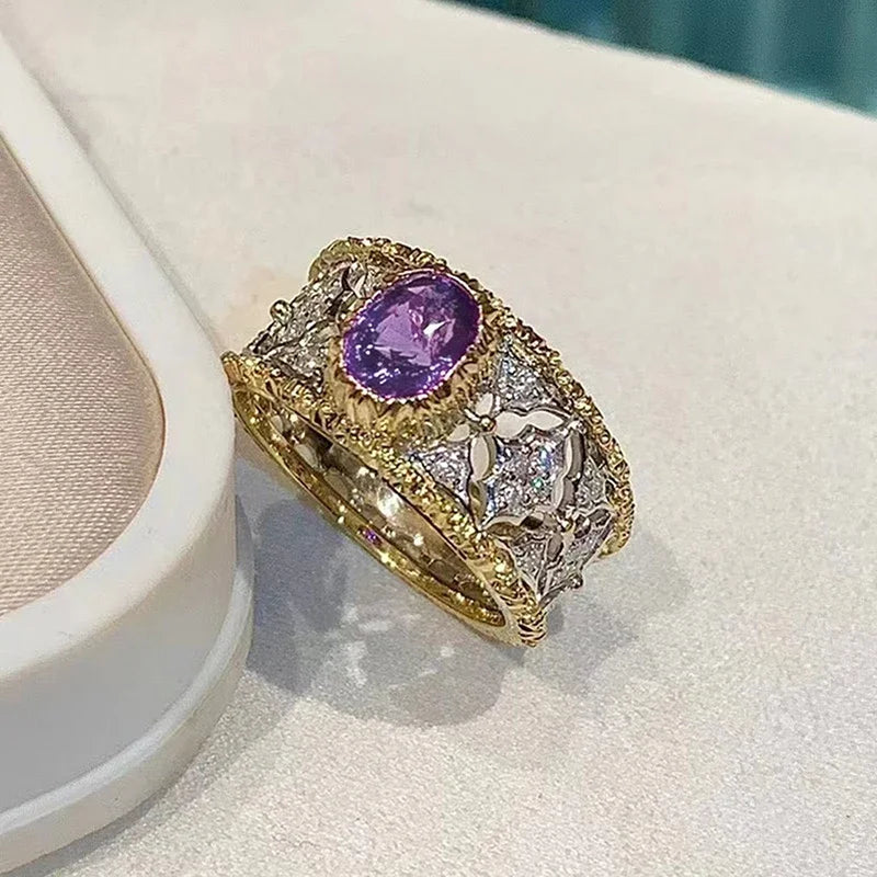 Bague Huitan en zircone cubique violette, motif ajouré bicolore – Élégance et raffinement pour femmes