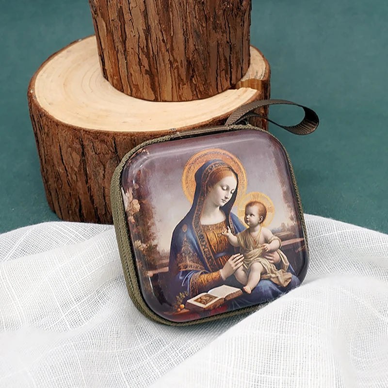 7x7 cm vierge marie jésus prière chapelet sac bijoux religieux boîte de rangement Articulos religiosos catholico