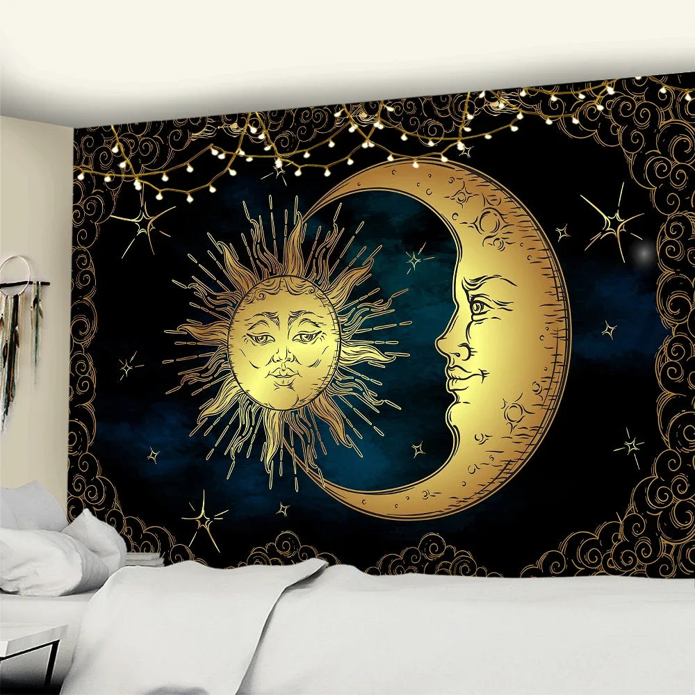 Grande Tapisserie de Soleil et Lune, Mandala, Tarot, Sorcière, Mur, Face Céleste, Hiphélicoptère, Tapis Mural, Décor de Dortoir