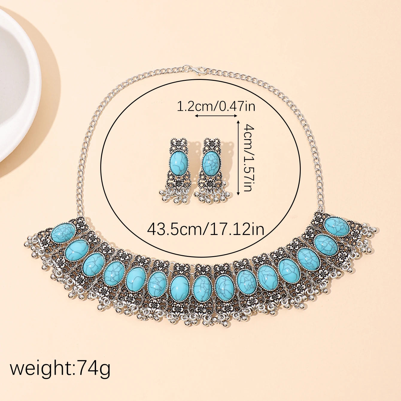 Ensemble de Bijoux Bohème Vintage pour Femme, Collier Ovale Turquoise, Boucles d'Oreilles, Plaqué Argent, Pompon Géométrique, Pierre Bleue