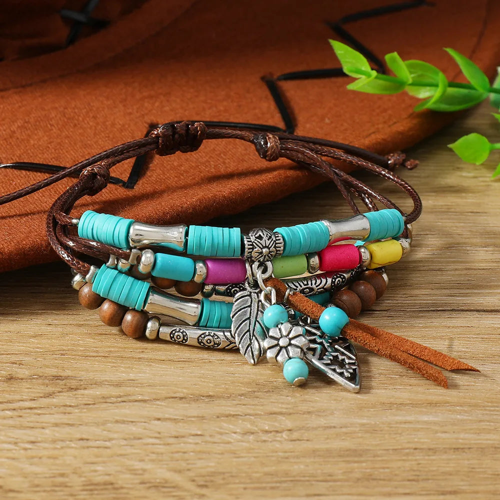 Chapeau de pays occidental tête d'animal feuille plume femmes Bracelets porte-bonheur femmes Bracelets en cuir hommes bracelet en gros bijoux cadeau