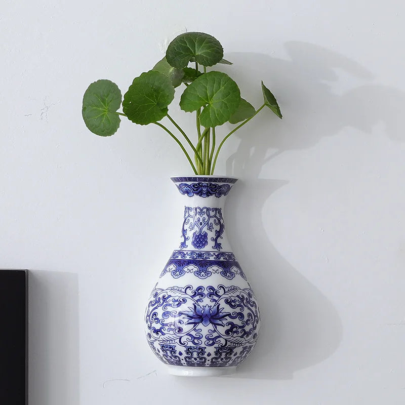 Vase en céramique, récipient de fleurs en porcelaine bleue et blanche antique, bambou porte-bonheur, décoration de salon et de maison, tenture murale