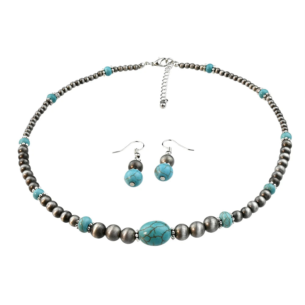Ensemble de boucles d'oreilles et collier en Turquoise incrusté de perles rondes Vintage pour femmes, bijoux personnalisés à la mode faits à la main, 2 pièces