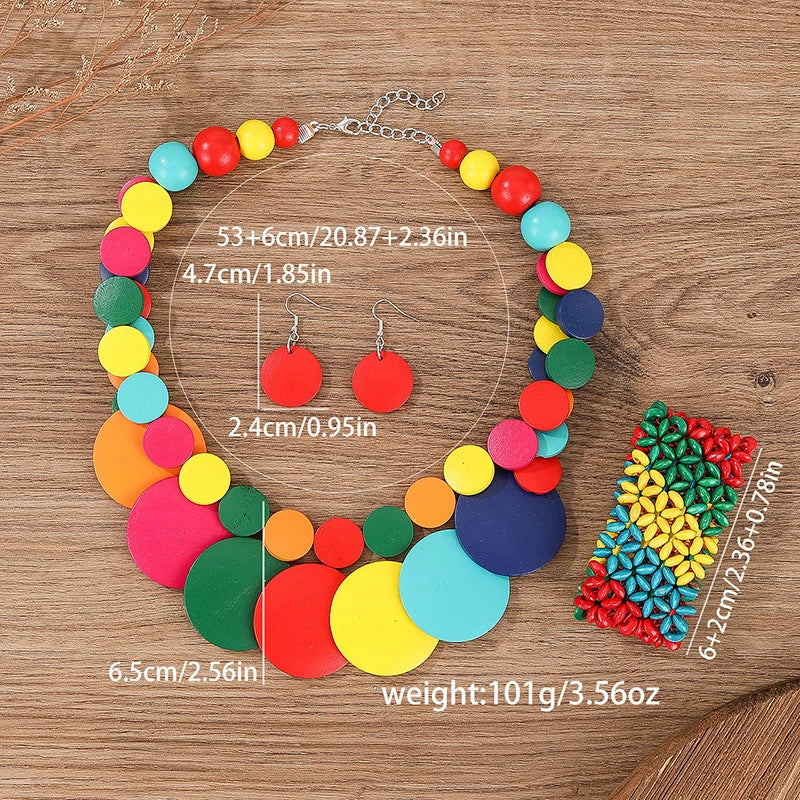 Grand ensemble de bijoux ronds en bois colorés à deux couches, pour fête de mariage africaine, perles en bois, collier, boucles d'oreilles, Bracelets, cadeaux pour femmes