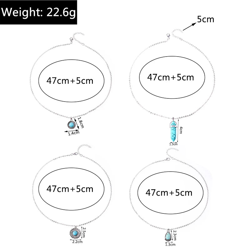 Collier pendentif soleil en pierre turquoise de Bohême pour femmes et filles, cadeaux de bijoux de festival de fête, ensemble de 4 pièces