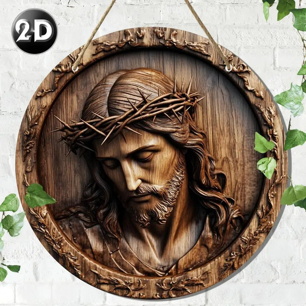 Panneau de jésus religieux rétro, plat 2D peut être directement accroché avec une corde, panneau mural de noël rond rustique en bois, adapté à la maison