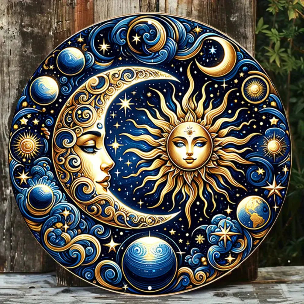 Art mural rond en fer vintage 2D plat «élégant soleil et lune céleste » idéal pour la chambre à coucher, la salle à manger, le yoga et la méditation