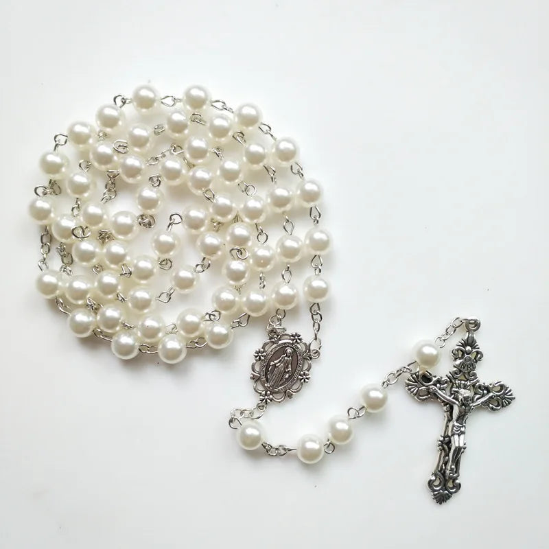Chaîne de perles de méditation blanche, prière religieuse, collier chapelet Medalla Milagrosa, Crucifix croix, chapelet, bijoux cadeaux