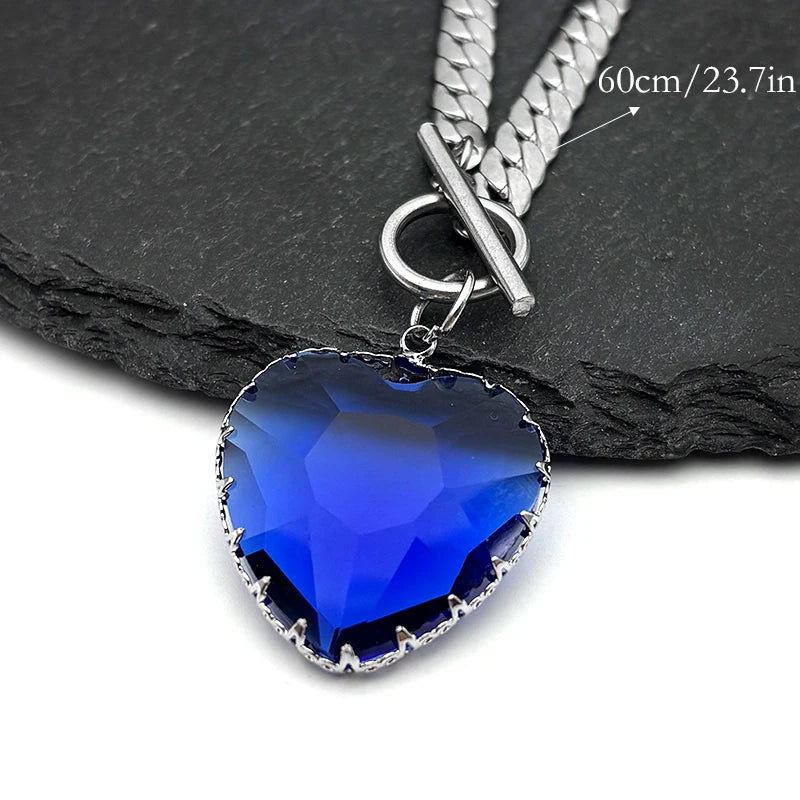 Collier ras du cou gothique punk en acier inoxydable avec pendentif cœur rouge en verre pour femmes