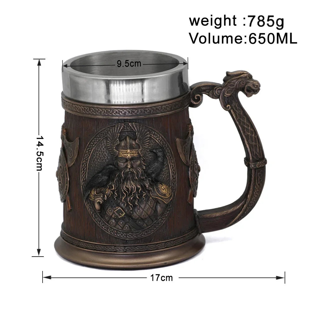 Tasse à bière de la mythologie médiévale de 600ml, tasse Viking Vintage, grande capacité, tasse à café rétro, tasse d'eau, tasse en résine et acier inoxydable