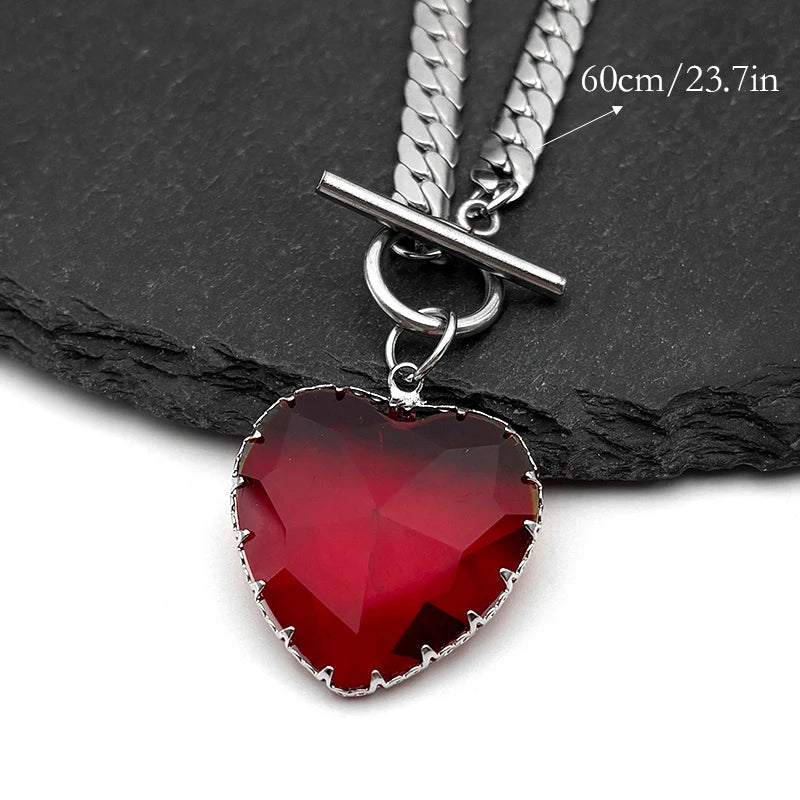 Collier ras du cou gothique punk en acier inoxydable avec pendentif cœur rouge en verre pour femmes