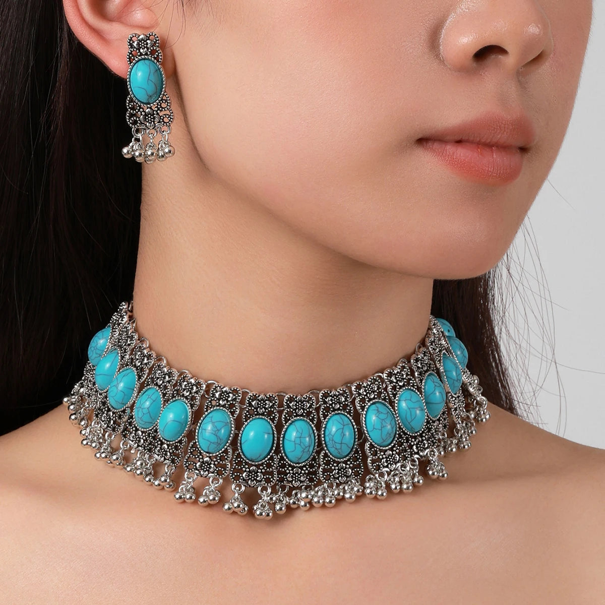 Ensemble de Bijoux Bohème Vintage pour Femme, Collier Ovale Turquoise, Boucles d'Oreilles, Plaqué Argent, Pompon Géométrique, Pierre Bleue