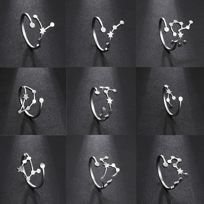 12 bagues de constellation pour femmes, anneaux ouverts et réglables du zodiaque pour adolescents, vergine, Cancer, balance, lion, poissons, bijoux, cadeau d'anniversaire