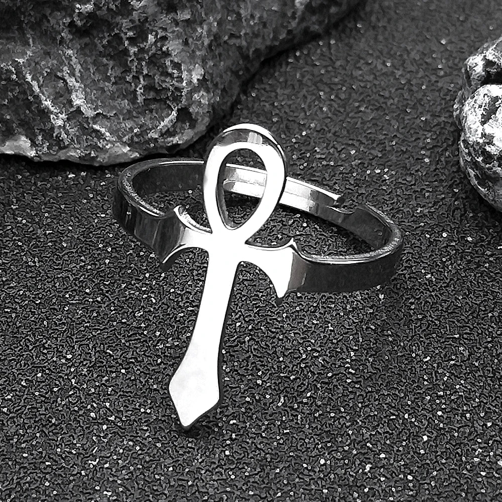 Bague en croix égyptien pour hommes et femmes, anneau en acier inoxydable, symbole de vie Anubis, ajustable, tendance égyptienne, bijoux de fête, cadeau